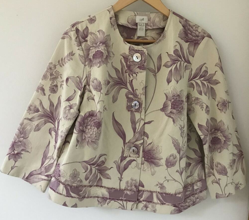 J Jill Womens Purple Victorian Pattern Floral Cream Cotton Jacket Blazer XS 36"